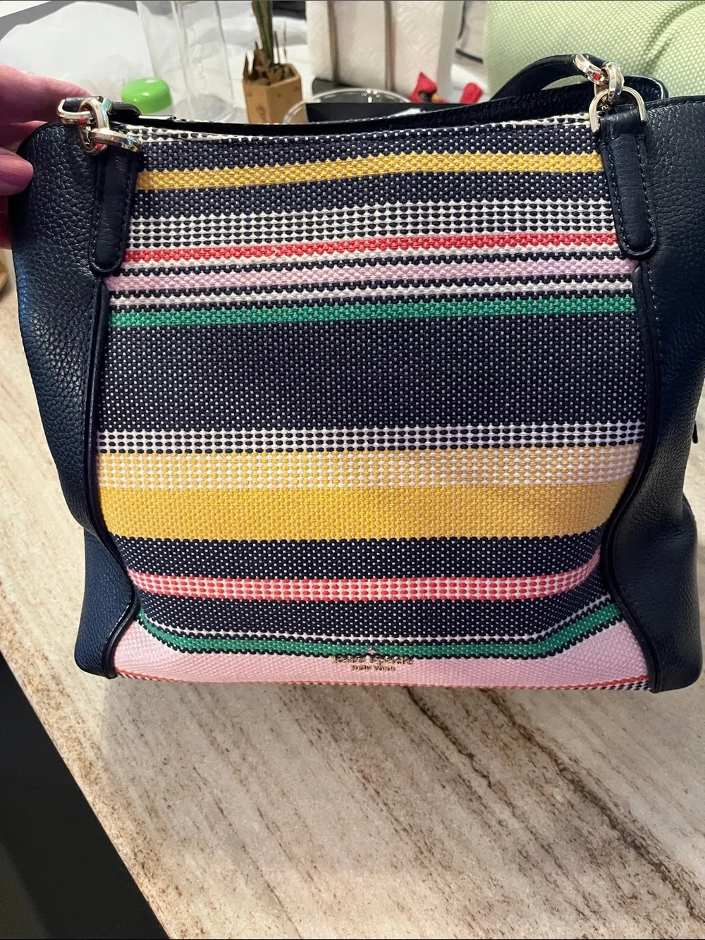 kate spade Striped Canvas Tote in Navy, Yellow, Pink & Green & wallet on yellow